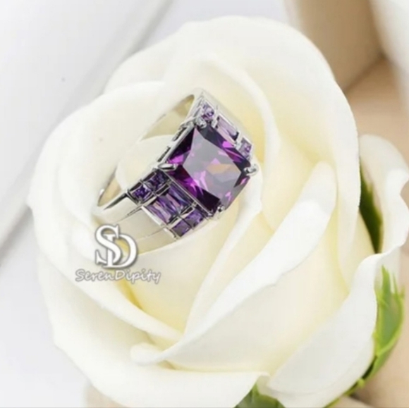 NEW Genuine 0.925 Sterling Silver Amethyst Ring Exquisite Princess Cut Luxury - Picture 1 of 15